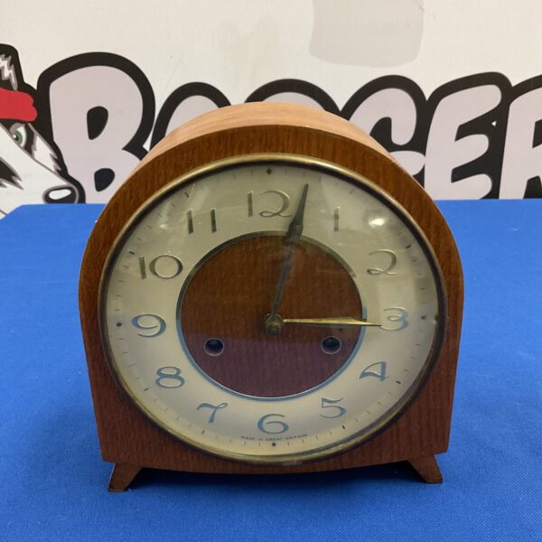 Mid century Smiths mantle clock with arched wood case and cream dial