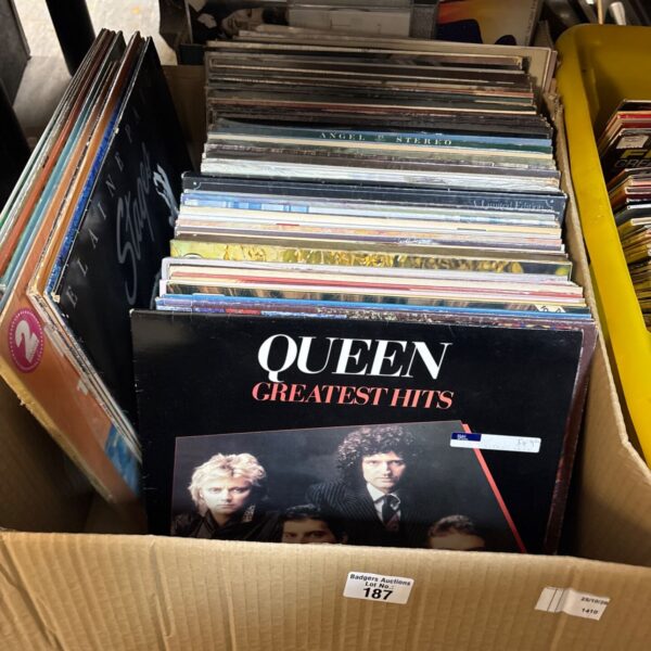 Box of mixed 12 inch vinyl records including Queen Greatest Hits