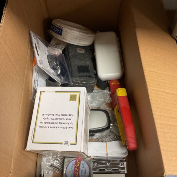 Cardboard box of mixed household, hardware and electrical items for auction