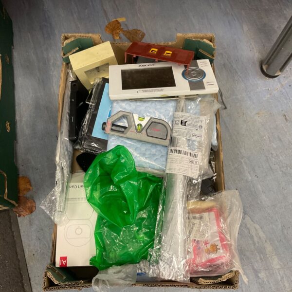 Box of mixed items with laser spirit level and Ascot weather station