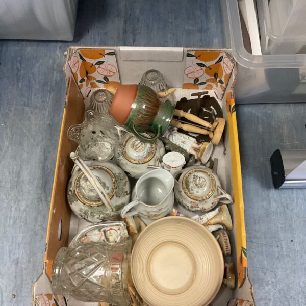 Box lot of mixed china including Japanese tea set and cut glass