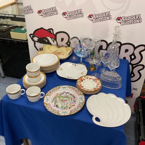 Mixed china and glassware lot including a Royal Line tea set.