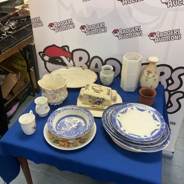 Mixed china lot featuring a Burleigh Ware Willow pattern bowl.