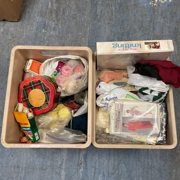 Two boxes of mixed knitting, sewing and crafting items including yarn and patterns