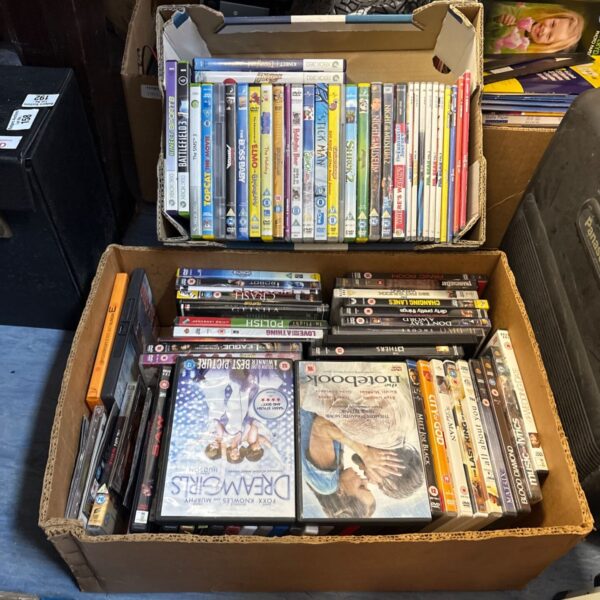 Two boxes of mixed DVDs and Xbox 360 games arranged for auction