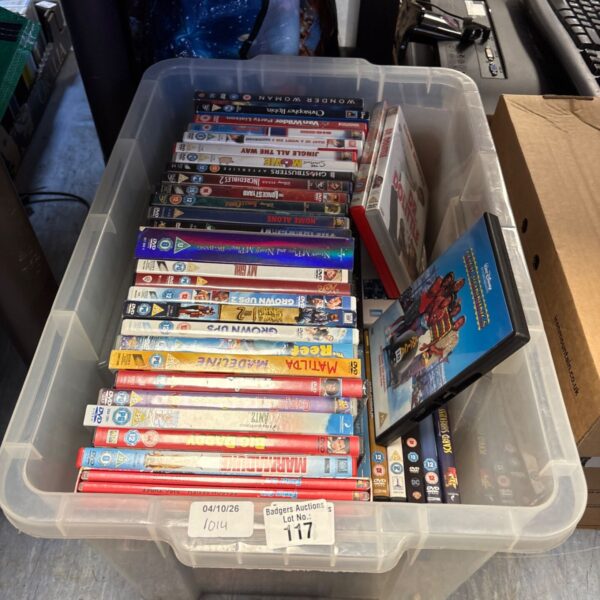 Box of mixed DVDs for home entertainment.