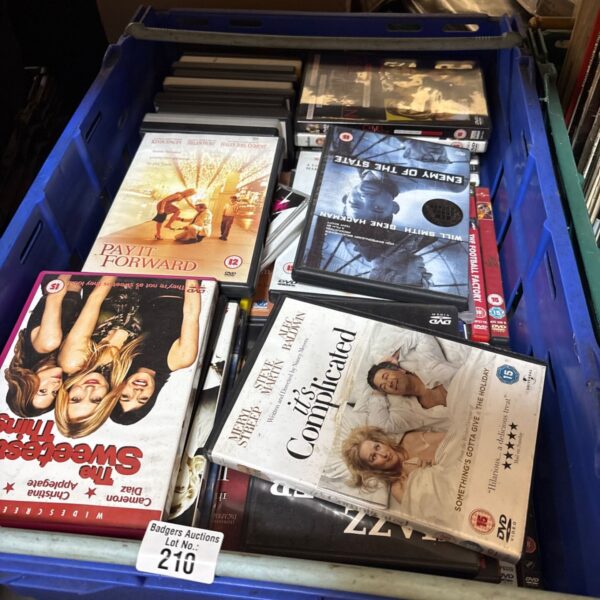 Blue crate filled with a mixed collection of DVDs for home entertainment.