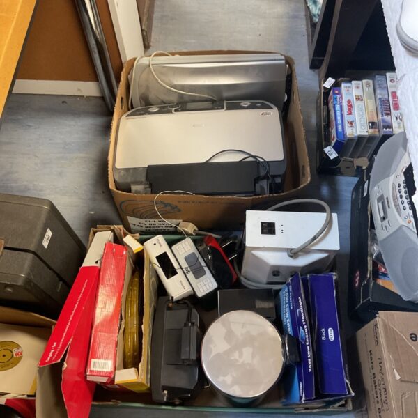 Mixed electrical lot with printer, radios, and rope lights.