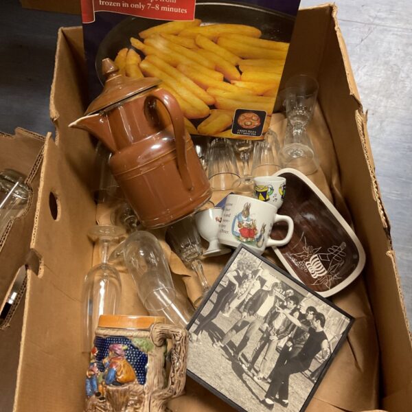 Mixed box lot of glassware and china with Royal Worcester jug and Wedgwood Peter Rabbit mug