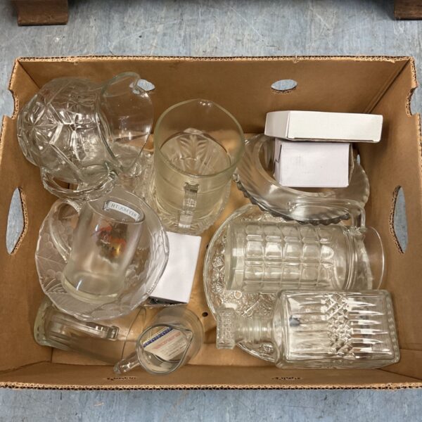 Box of mixed glassware with tankards, bowls, jugs and a cut glass decanter