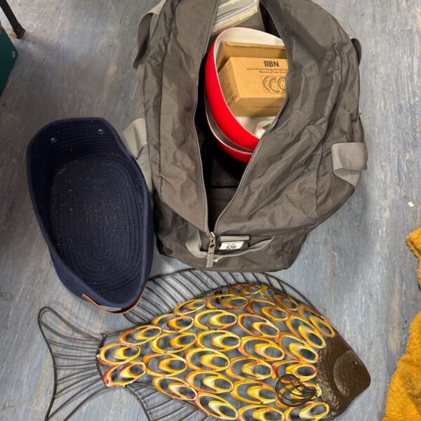 Mixed house clearance lot with timer, grey holdall, navy basket and fish wall hanger