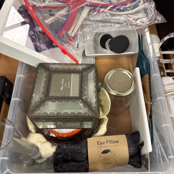 Mixed house clearance tray with eye pillow, glass box and glass jar