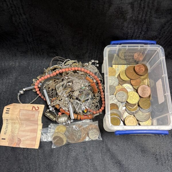 Box of mixed coins beside tangled jewellery and a loose bag of coins