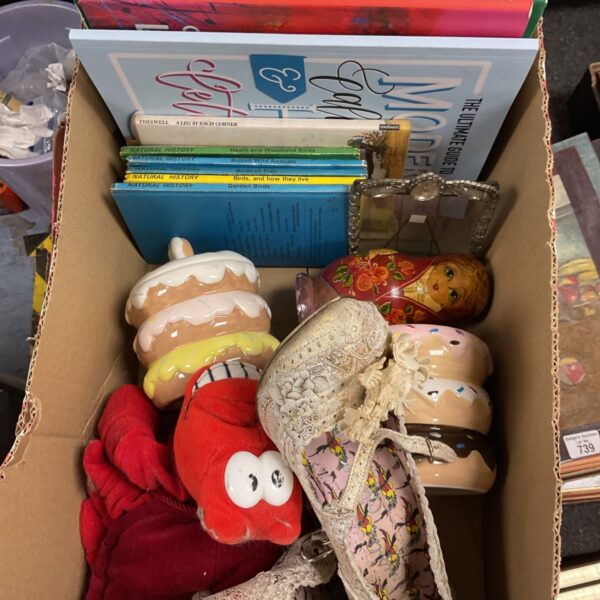 Mixed lot of vintage books, a Russian doll, and shoes.
