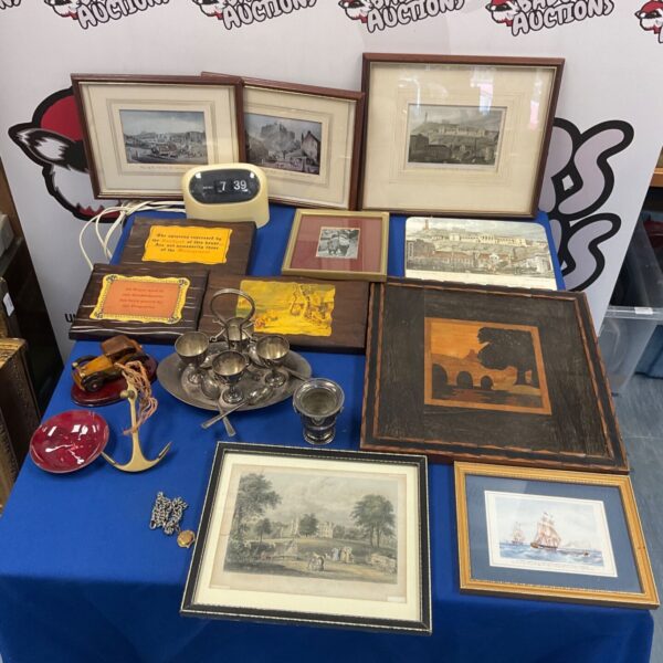 Mixed lot of vintage collectibles including prints and silverplate.