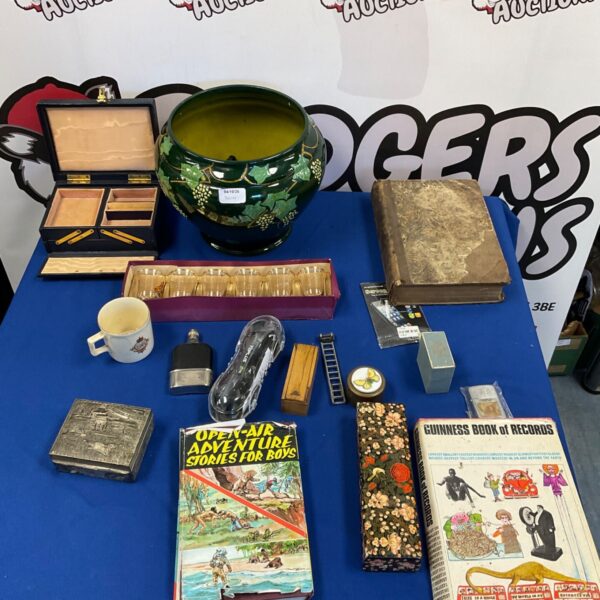 Mixed lot of vintage collectibles including a ceramic bowl and book.