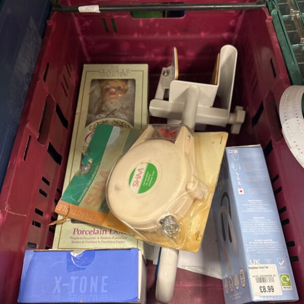 Mixed lot of household items including a grab rail and bladeless neck fan.