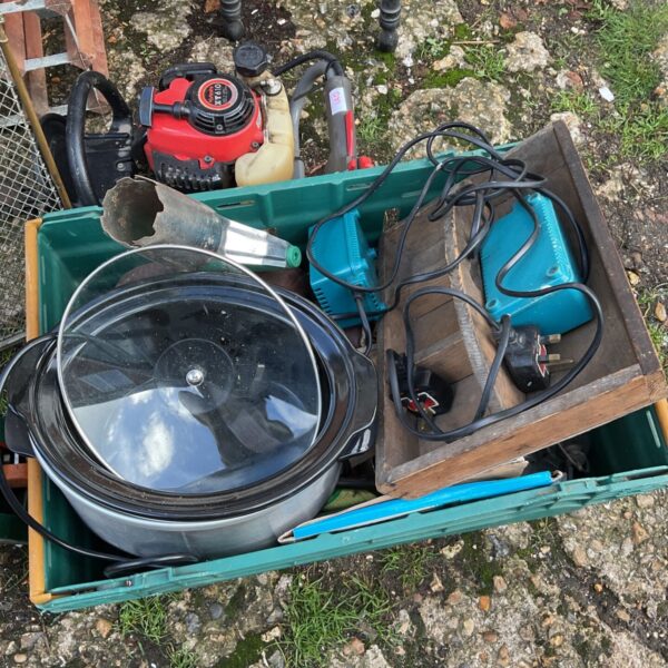 Mixed box lot with Makita chargers, slow cooker and Honda petrol engine