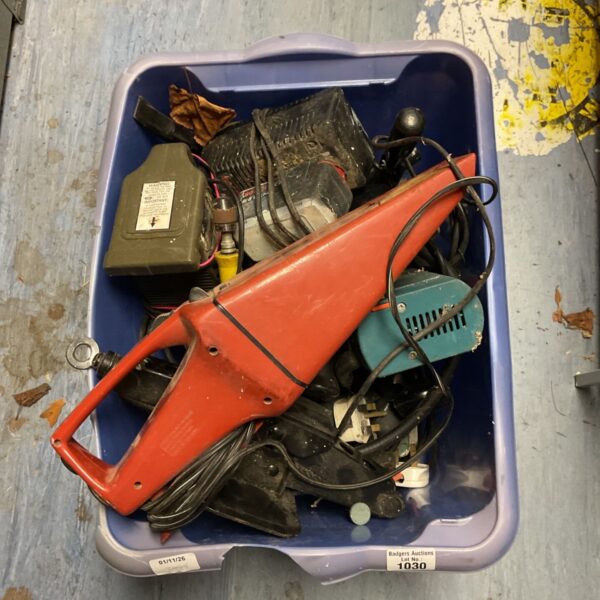 Mixed lot of power tools including red hand held vacuum and black jigsaw in storage tray