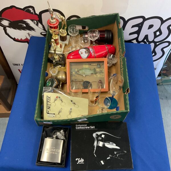 Box of mixed items with whiskey hip flask and professional corkscrew set