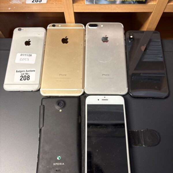Mixed lot of silver, gold and dark iPhones and a black Sony Xperia phone