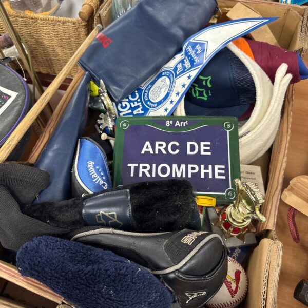 Box lot of golf head covers, trophies, pennant and sporting memorabilia