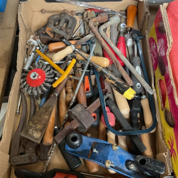 Box of mixed hand tools with scrapers, G-clamp, hacksaw and hand plane