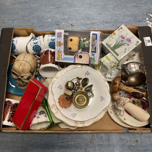 Mixed tray lot with Johnson Brothers cups, skull ornament and Buzz Lightyear Funko Pop