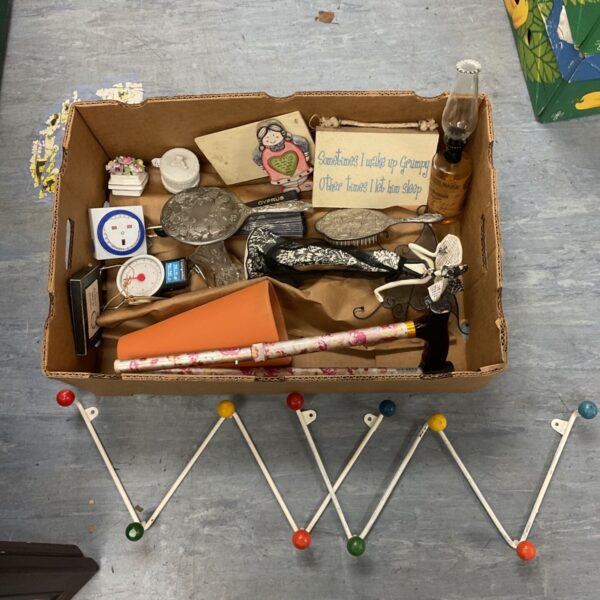 Mixed tray lot with silver-plated mirror, brush, ceramics and atomic coat rack