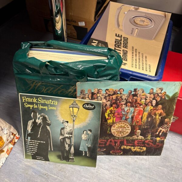 Green carrier bag of mixed vinyl records including Beatles and Frank Sinatra LPs