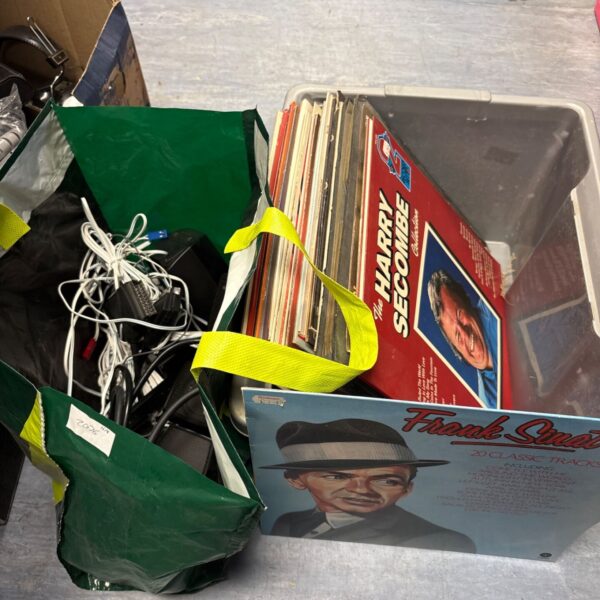Box of mixed vinyl records with Frank Sinatra LP and bag of Panasonic speakers