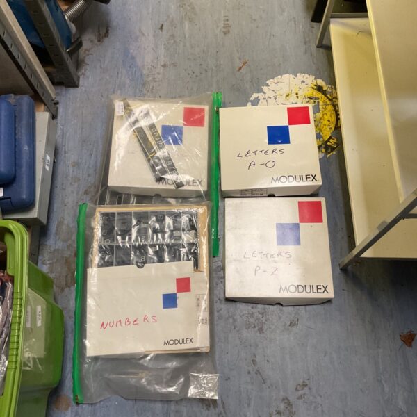 Modulex letter and number text tiles in boxes and bagged sets