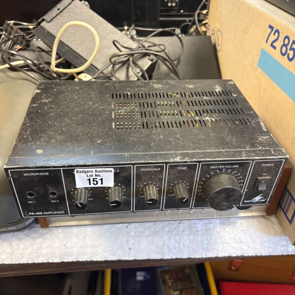Vintage Monacor PA-400 amplifier with controls visible.