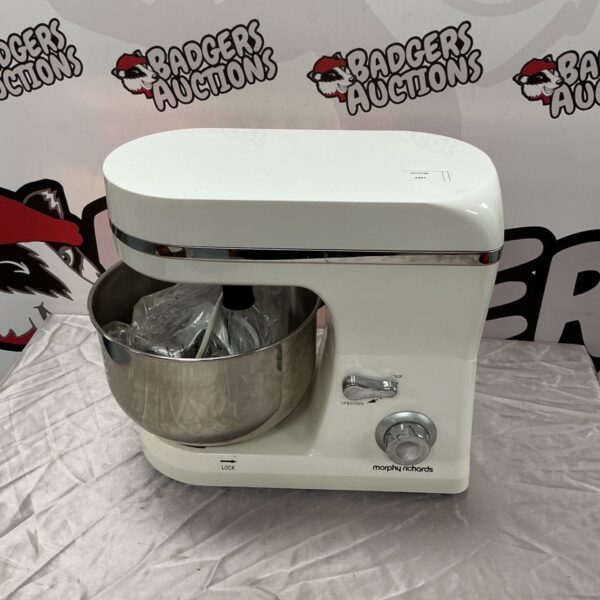 Cream Morphy Richards electric stand mixer with stainless steel bowl