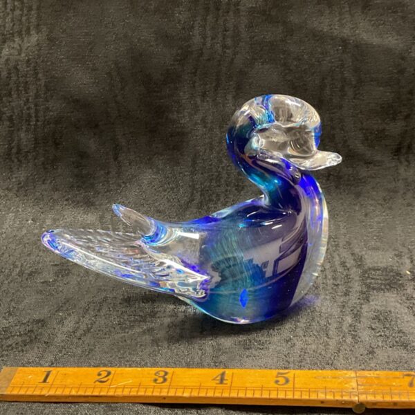 Clear and blue Murano glass duck figure with textured wing detail