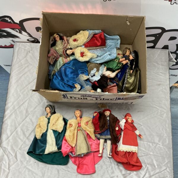 Box of national costume dolls with satin gowns and fur-style trims