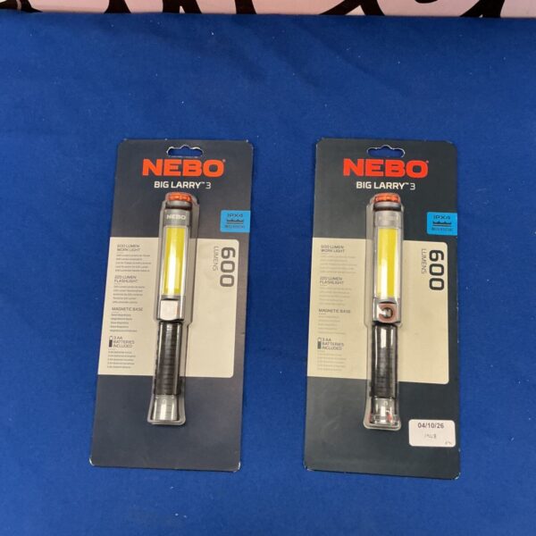 Two NEBO Big Larry 3 worklights with magnetic bases.