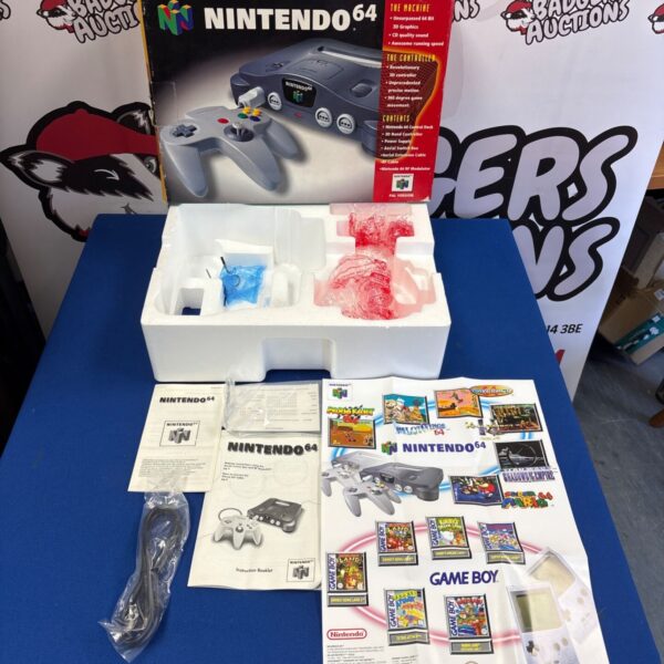Front view of a vintage Nintendo 64 console box with manuals.