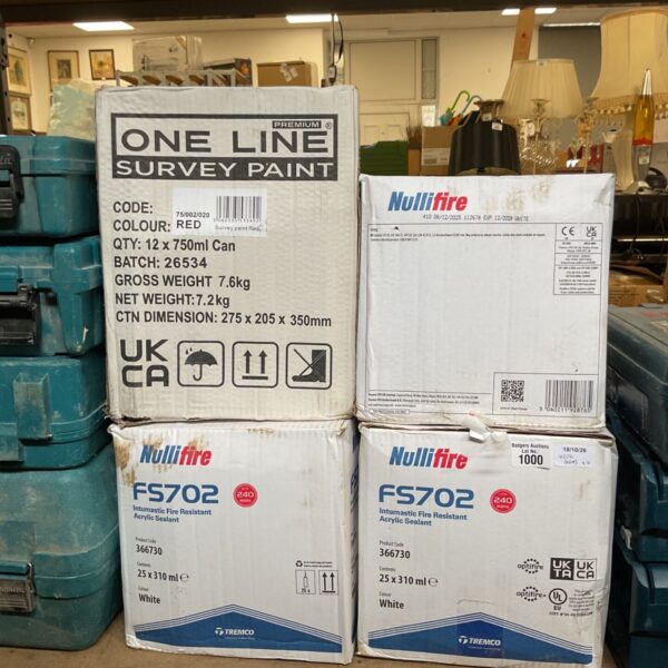 Boxes of Nullifier FS702 fire resistant acrylic sealant and red survey paint.