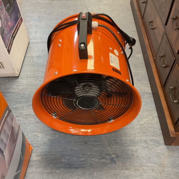 Orange industrial dust extractor fan with black handle.