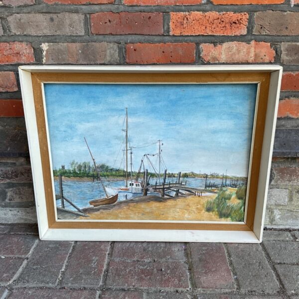 Framed original oil on board painting of a fishing trawler and sailing boat in dock