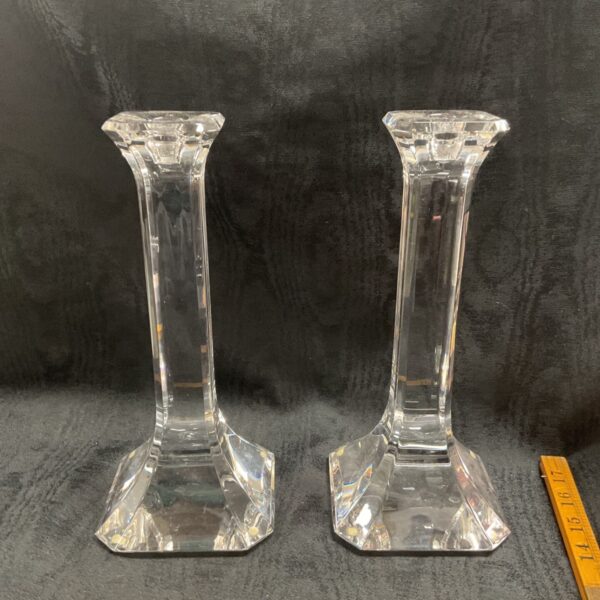 Pair of vintage Orrefors Regina crystal candlesticks, elegant Swedish design.