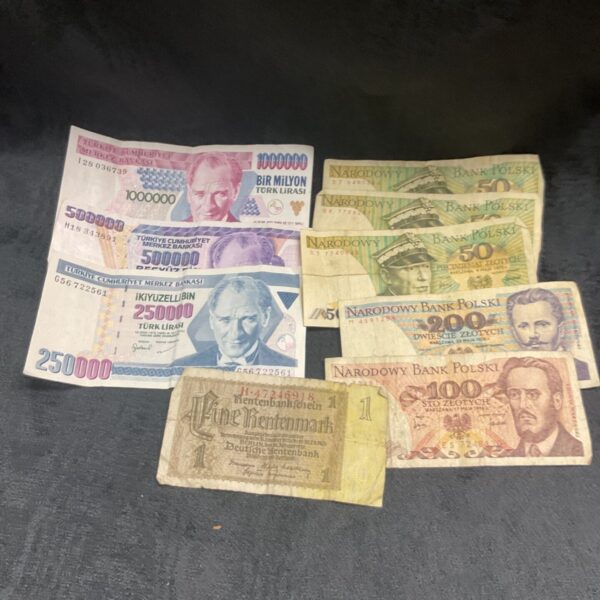 Collection of overseas banknotes including Turkish and Polish currency.