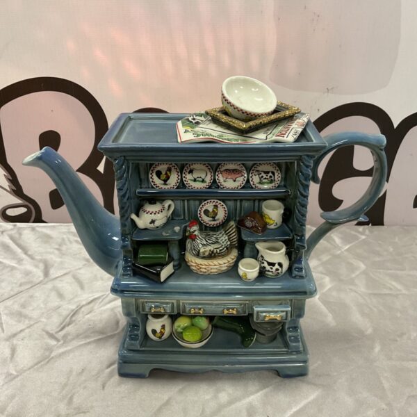 Blue Cardew Welsh dresser teapot with farmyard plates and miniature ceramics