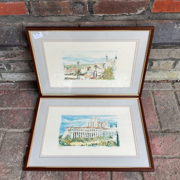 Pair of framed signed limited edition Mediterranean village scene prints in wooden frames