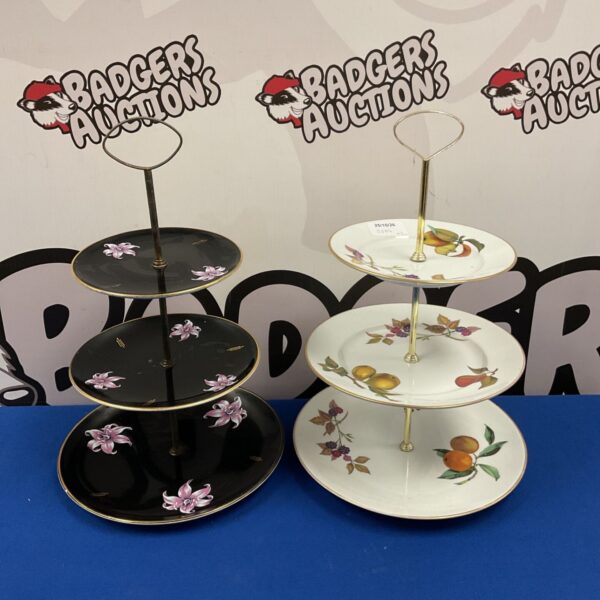 Pair of vintage Palissy and Royal Worcester Evesham three tier cake stands