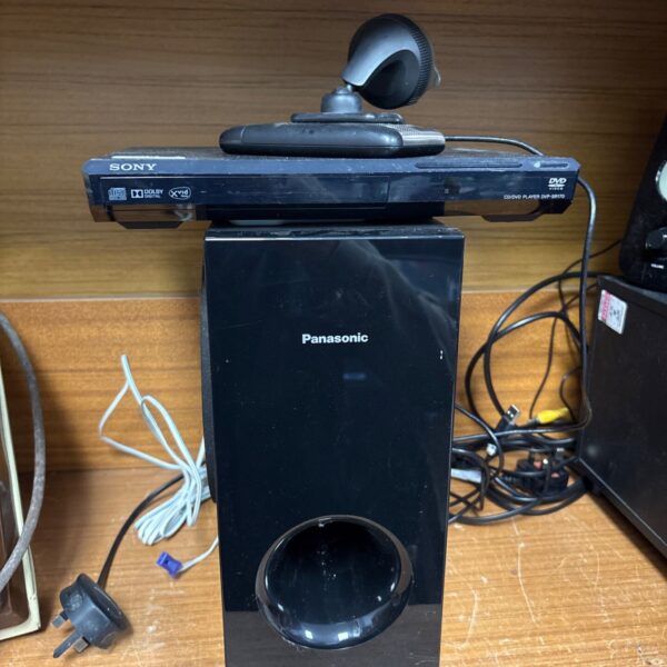 Panasonic subwoofer system with Sony DVD player and TomTom device.