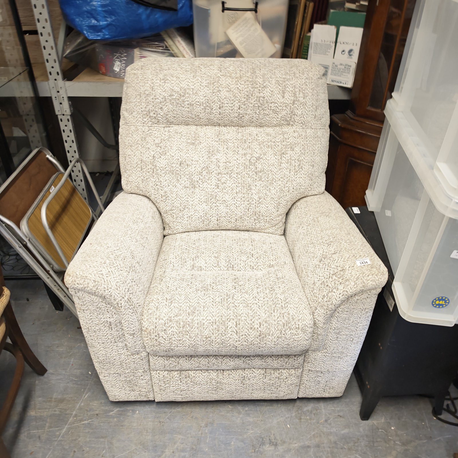 Vintage Parker Knoll armchair in neutral textured fabric.