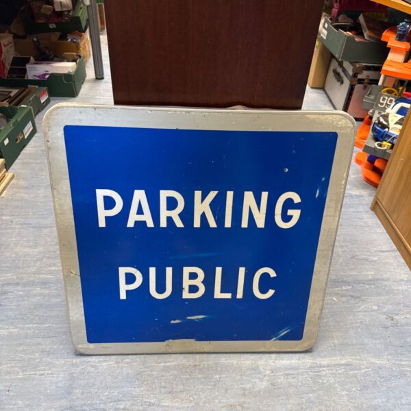 Vintage aluminium parking public sign, 28 by 28 inches.