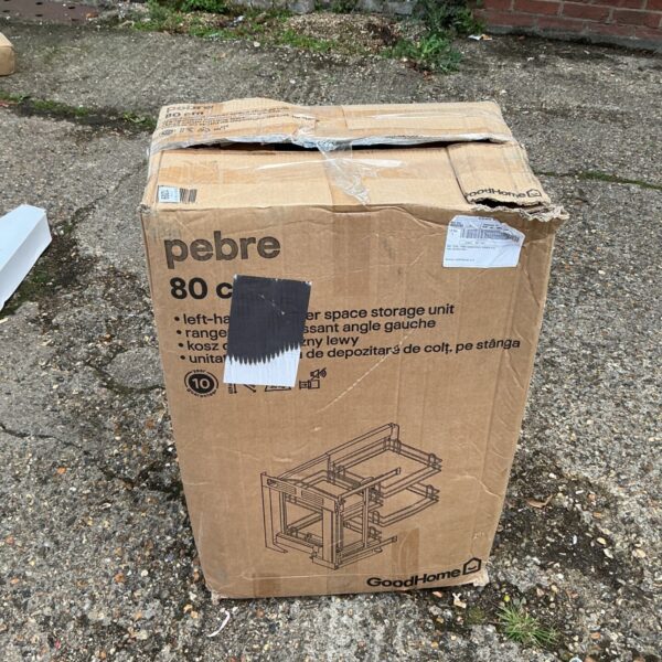 Pebre 80cm left handed corner storage unit packaging.